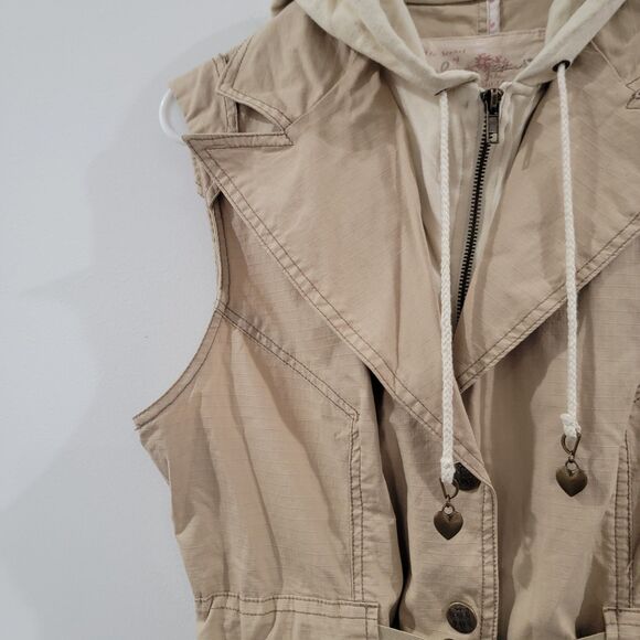 Vintage Y2K Plugg Womens Jacket Size Large Vest Khaki Hooded Buckle Hip Hop - Picture 2 of 6